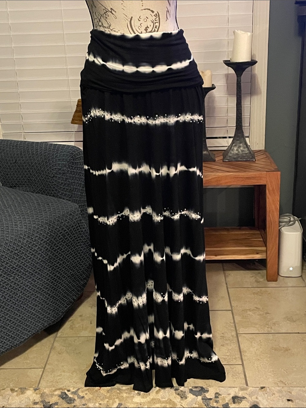INC International Concepts Black & White Tie-Dye Fold-Over Waist Maxi Skirt